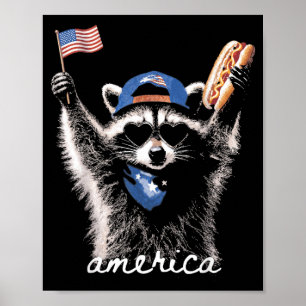Retro Funny Aamerica Racoon Hot Dog Lovers Poster