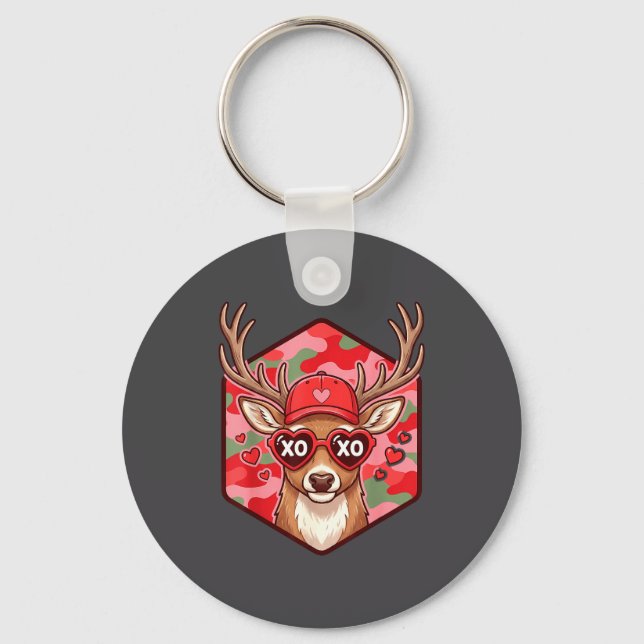 Retro Funny Boys Valentines Day Hunting Deer Camo  Key Ring (Front)