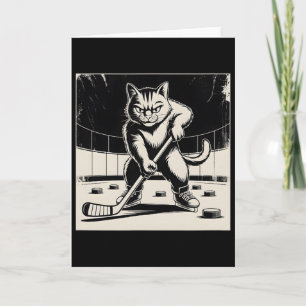 Retro Funny Cat Playing Ice Hockey Stick Skating S Card