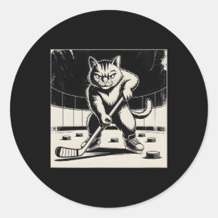 Retro Funny Cat Playing Ice Hockey Stick Skating S Classic Round Sticker