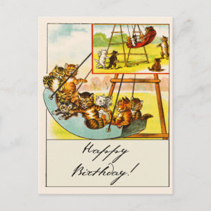 Retro Funny Cats Playing on Swing Happy Birthday! Postcard