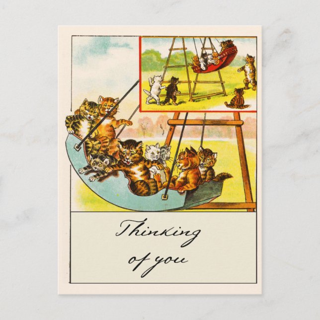 Retro Funny Cats Playing on Swing Thinking of You Postcard (Front)