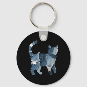 Retro Funny Denim Patch Animal Cat Key Ring