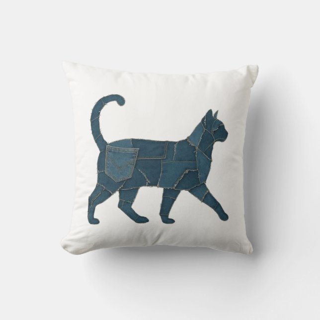 Retro Funny Denim Patch Animal Cat T-Shirt Cushion (Front)