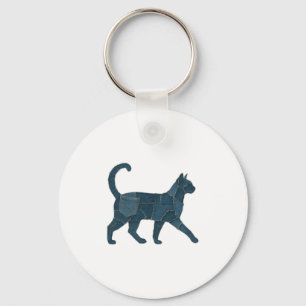 Retro Funny Denim Patch Animal Cat T-Shirt Key Ring