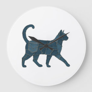 Retro Funny Denim Patch Animal Cat T-Shirt Large Clock