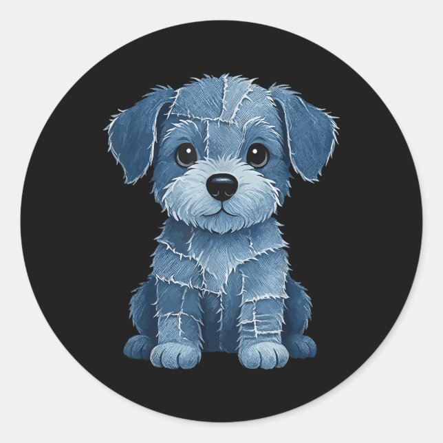 Retro Funny Denim Patch Animal Dog Print  Classic Round Sticker (Front)