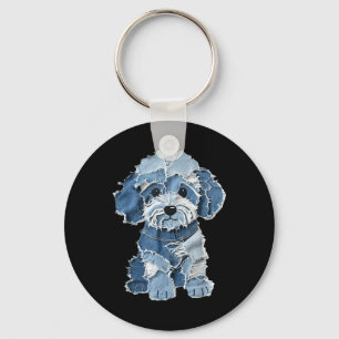 Retro Funny Denim Patch Animal Dog Print Key Ring