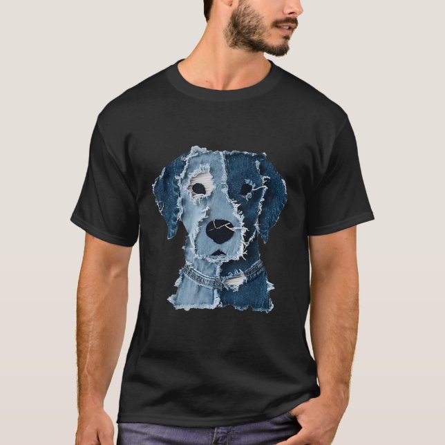 Retro Funny Denim Patch Animal Dog  T-Shirt (Front)