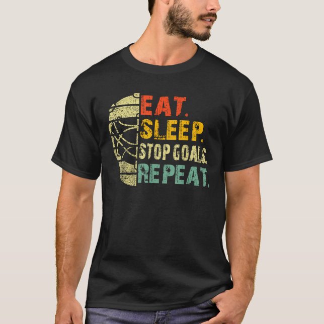 Retro Funny Eat Sleep Stop Goals Repeat Ice Hockey T-Shirt (Front)