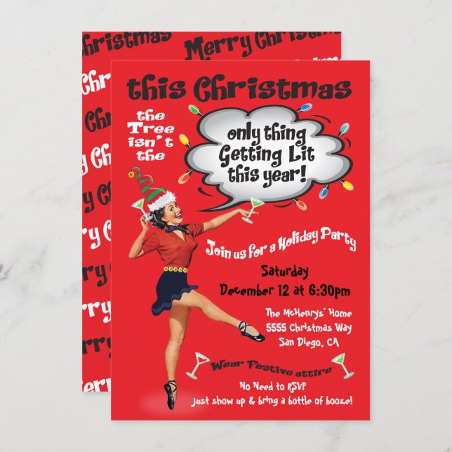 Retro Funny Getting Lit Christmas Cocktail Party Invitation (Front/Back)