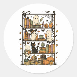 Retro Funny Halloween Bookshelf Boo Ghost Reading Classic Round Sticker