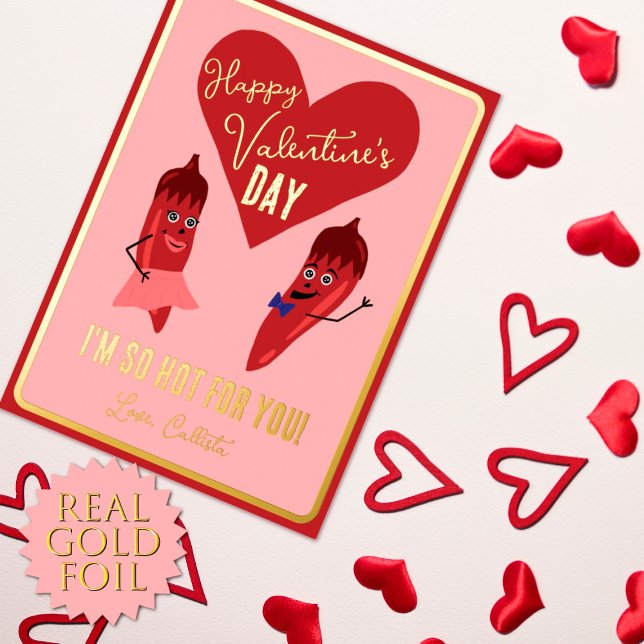Retro Funny Red Hot Pepper Valentine's Day Gold Foil Holiday Card (Creator Uploaded)