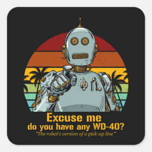 Retro funny robot needs oiling square sticker