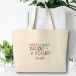 Retro Funny Simple Bridesmaid Bachelorette Gift Large Tote Bag<br><div class="desc">Raise a toast to your love with our funny 'Here comes bride squad' tote bag design. Featuring customisable bridesmaid's name, this bag is the perfect way to celebrate your special occasion in style. This is a unique and personal way to mark the occasion. With our easy-to-use design tool, you can...</div>