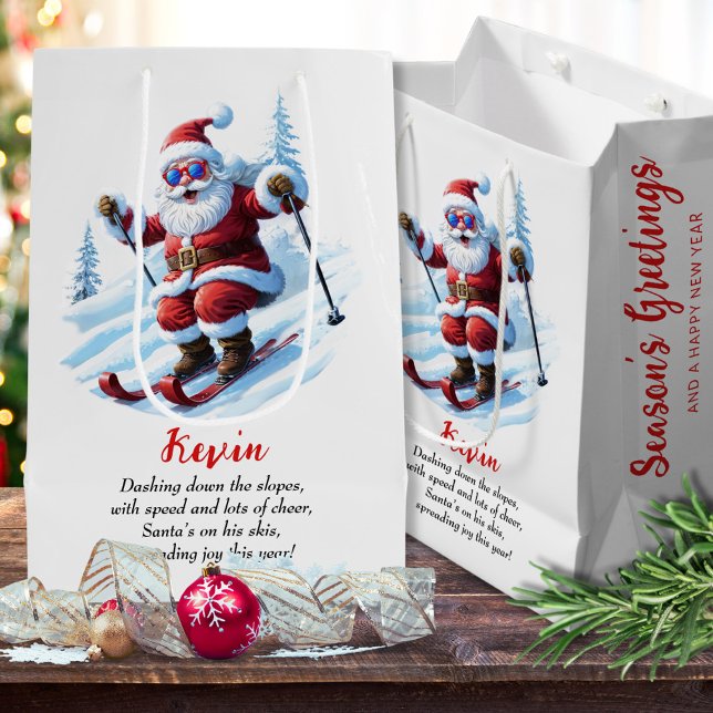 Retro Funny Skiing Santa Christmas Custom Poem Medium Gift Bag (Creator Uploaded)