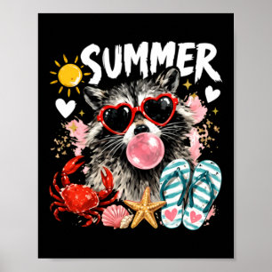 Retro Funny Summer Vibe Racoon Meme Crab Starfish Poster