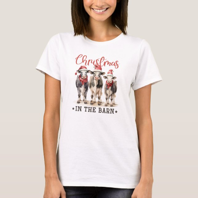 Retro funny three cows Christmas in the barn farm T-Shirt (Front)