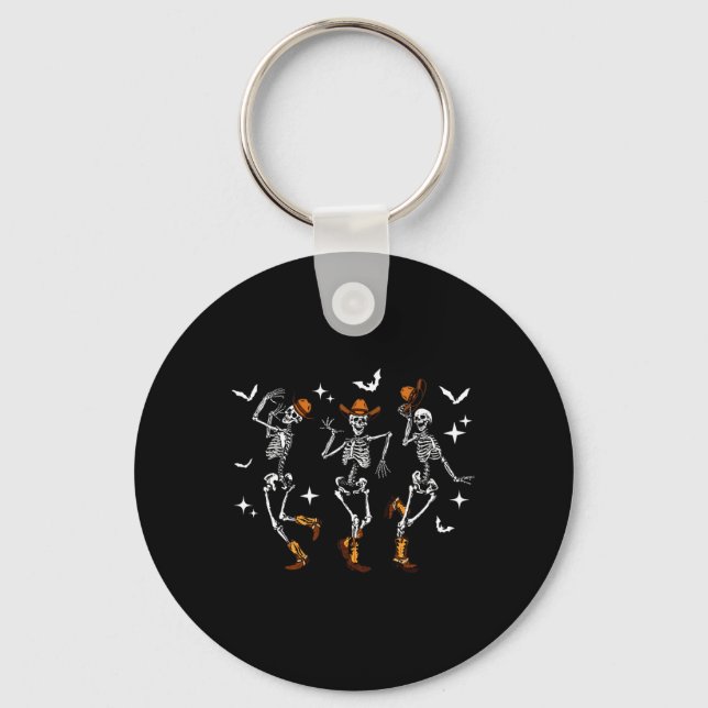 Retro Funny Western Dancing Skeleton Halloween Cow Key Ring (Front)