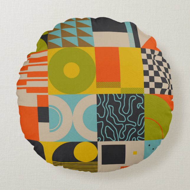 Retro future inspired artwork of abstract symbols  round cushion (Front)