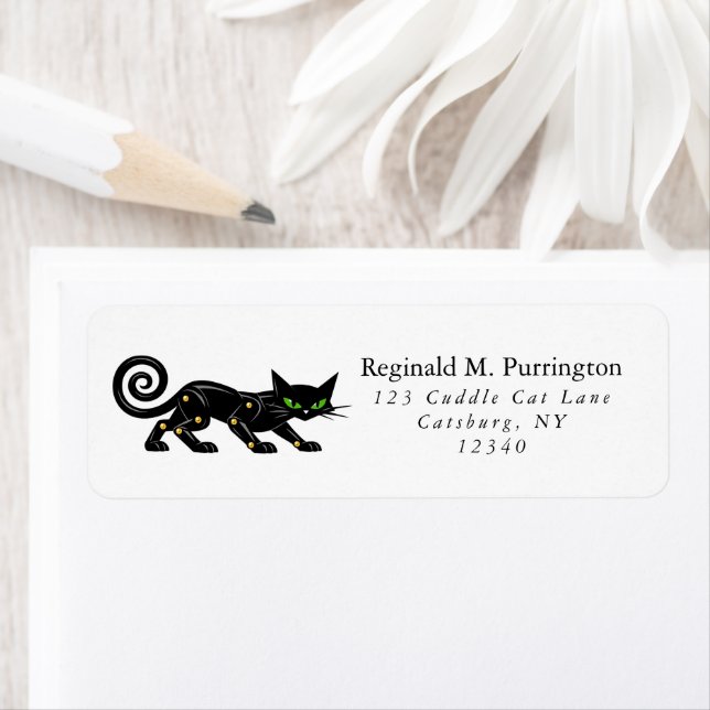 Retro Futurist Atomic Steampunk Black Cat Return Address Label (Insitu)