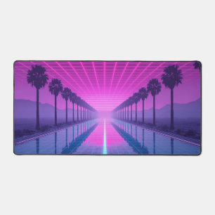 Retro Futurist Neon Pink and Blue Palm Trees Desk Mat