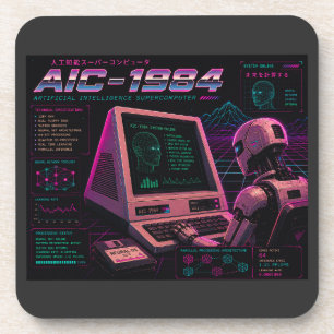 Retro Futuristic AI Robot Computer Vaporwave Neon Coaster