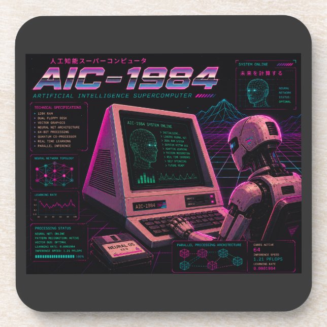 Retro Futuristic AI Robot Computer Vaporwave Neon Coaster (Front)
