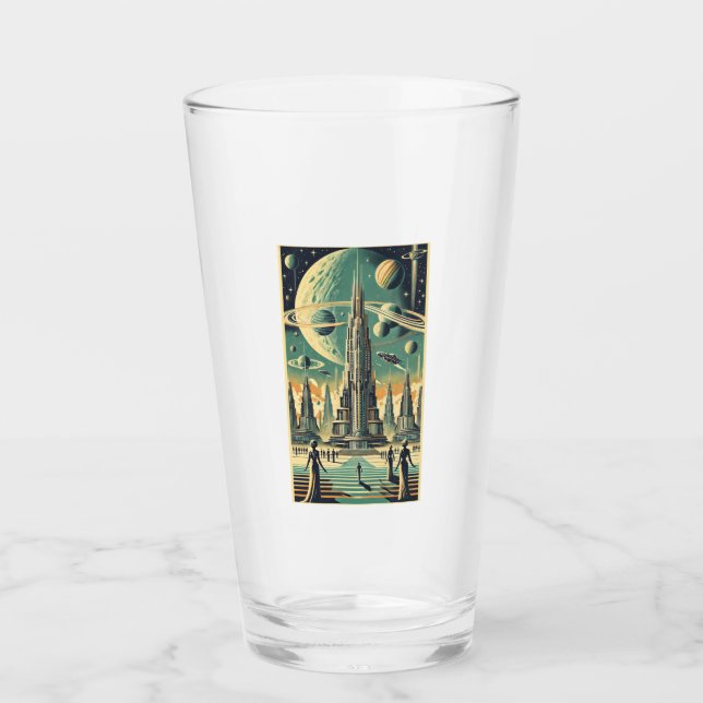 Retro Futuristic Alien City Postcard Art Glass (Front)