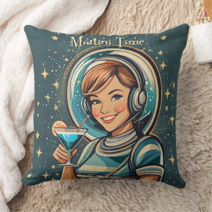 Retro Futuristic Astro Girl Martini Time Cushion