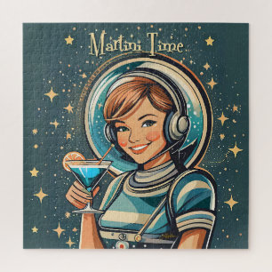 Retro Futuristic Astro Girl Martini Time Jigsaw Puzzle