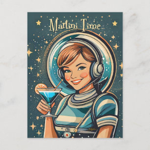 Retro Futuristic Astro Girl Martini Time Postcard