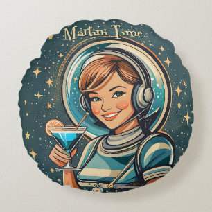 Retro Futuristic Astro Girl Martini Time Round Cushion