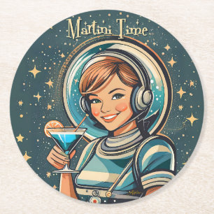 Retro Futuristic Astro Girl Martini Time Round Paper Coaster