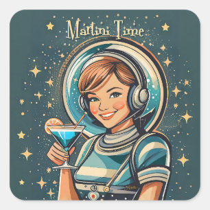 Retro Futuristic Astro Girl Martini Time Square Sticker
