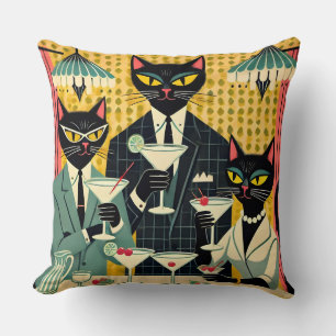 Retro Futuristic Black Cat Martini Club Cushion