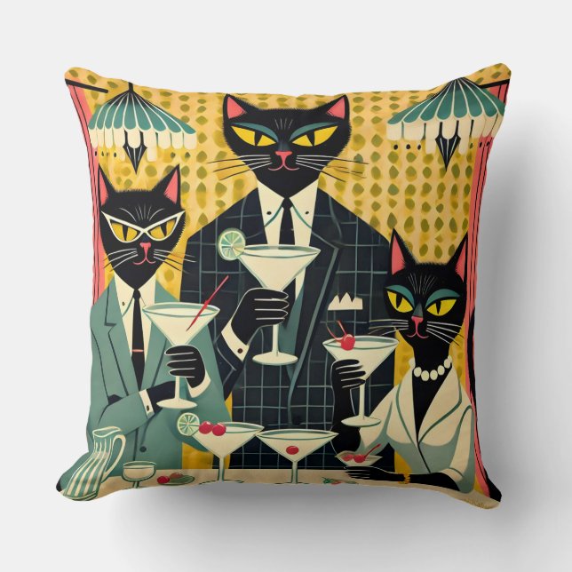 Retro Futuristic Black Cat Martini Club Cushion (Front)