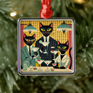 Retro Futuristic Black Cat Martini Club Metal Ornament