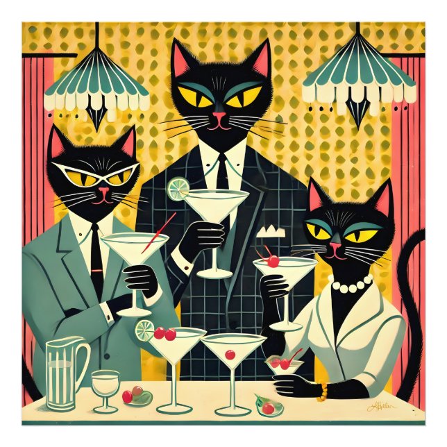 Retro Futuristic Black Cat Martini Club Photo Print (Front)