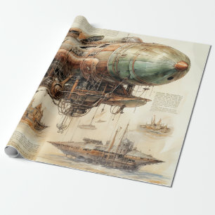 Retro Futuristic Brass Airship Engineering Wrapping Paper