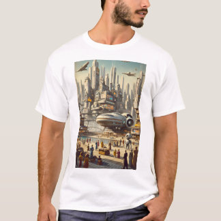 Retro-Futuristic Bustling Spaceport Sci-Fi T-Shirt
