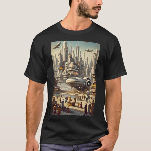 Retro-Futuristic Bustling Spaceport Sci-Fi T-Shirt (Front)