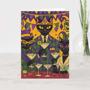 Retro Futuristic Mardi Gras Black Cat Martini Club Card