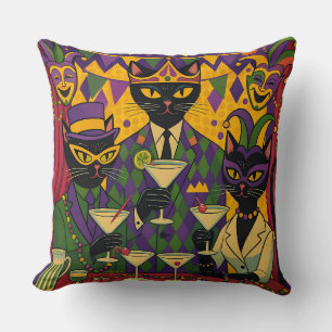 Retro Futuristic Mardi Gras Black Cat Martini Club Cushion