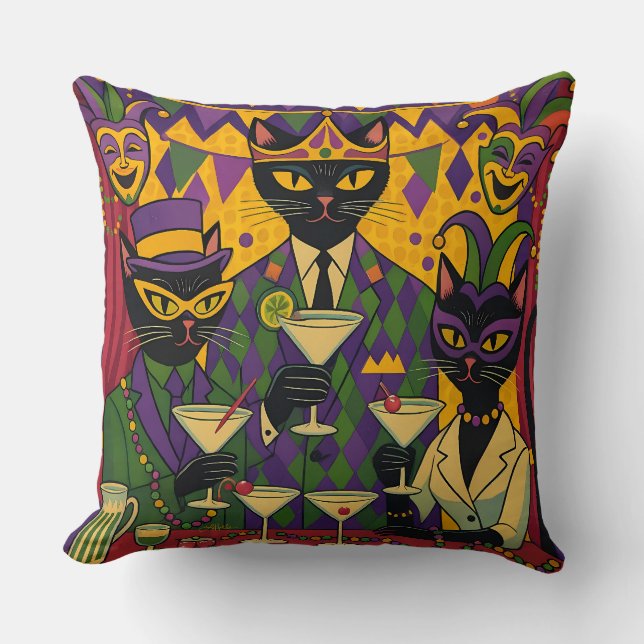 Retro Futuristic Mardi Gras Black Cat Martini Club Cushion (Front)