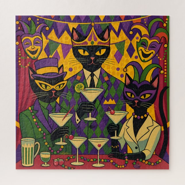 Retro Futuristic Mardi Gras Black Cat Martini Club Jigsaw Puzzle (Vertical)
