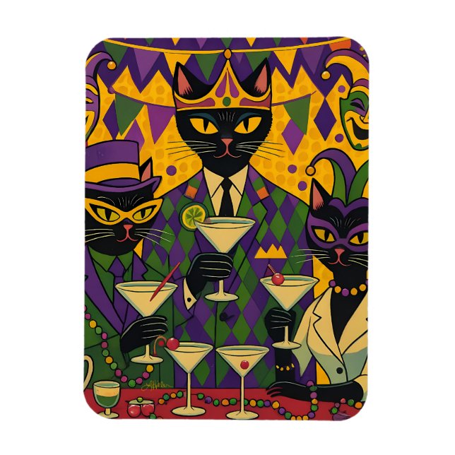 Retro Futuristic Mardi Gras Black Cat Martini Club Magnet (Vertical)