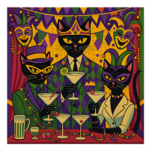 Retro Futuristic Mardi Gras Black Cat Martini Club Poster