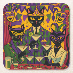 Retro Futuristic Mardi Gras Black Cat Martini Club Square Paper Coaster