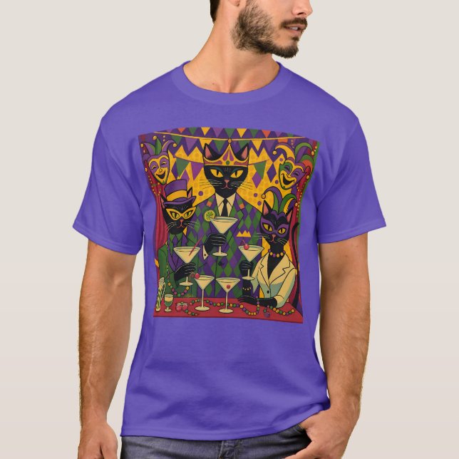 Retro Futuristic Mardi Gras Black Cat Martini Club T-Shirt (Front)